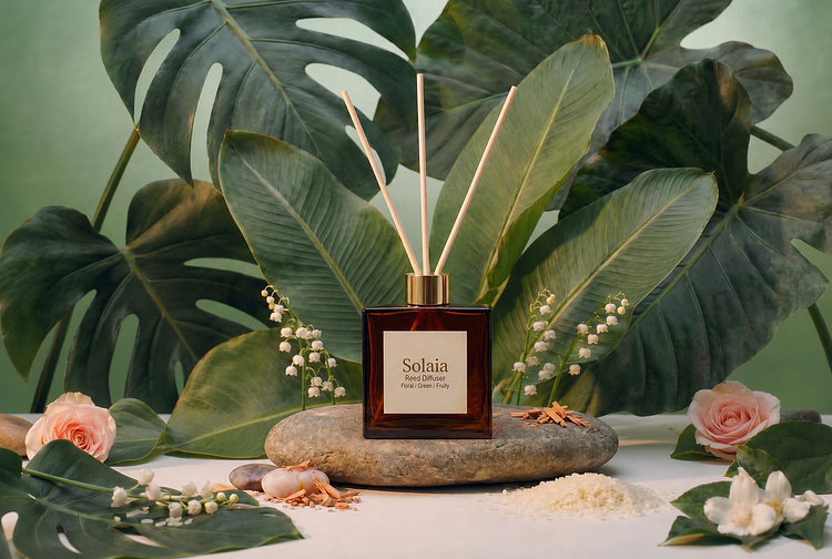An amber glass reed diffuser bottle of Solaia fragrance with a gold diffuser collar and natural reed sticks, displayed on a flat river stone surrounded by green tropical leaves, lily of the valley, pink roses, and jasmine.