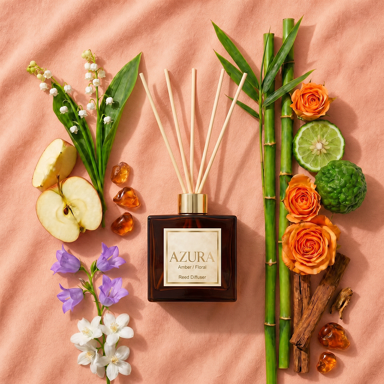 An amber glass bottle of Azura fragrance in a reed diffuser with a gold diffuser collar and natural bamboo reed sticks, centered on a peach background and styled with bamboo stalks, orange roses, fresh apple slices, lime, purple and white flowers, and amber resin pieces.