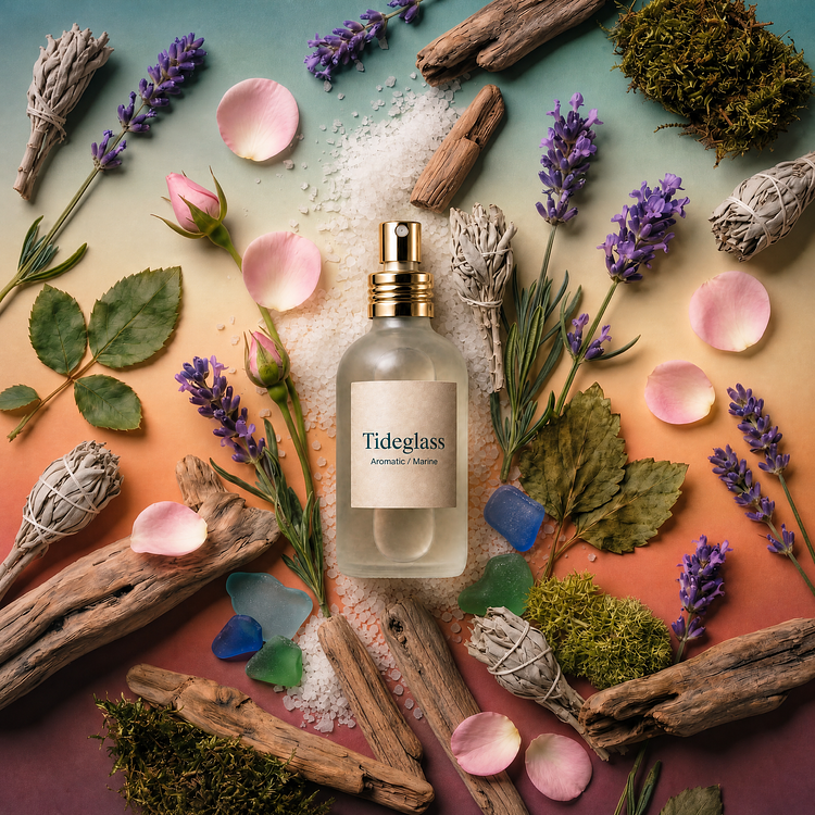 A frosted glass bottle of Tideglass perfume with a gold spray pump, centered on a bed of coarse white salt over a gradient background and framed by lavender stems, pink rosebuds, dried leaves, sage bundles, driftwood, green moss, and colorful sea glass.