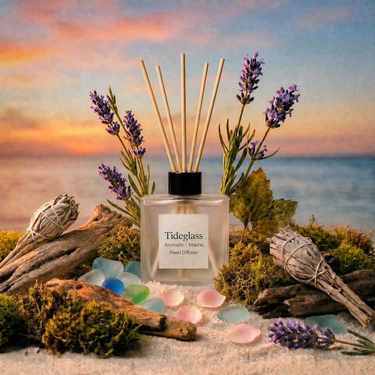 A square frosted glass Tideglass Reed Diffuser with natural wooden reeds, styled at eye-level on a white sand and moss display featuring pieces of driftwood, colorful sea glass, pink petals, sage bundles, and lavender flowers with a soft ocean sunset in the background.