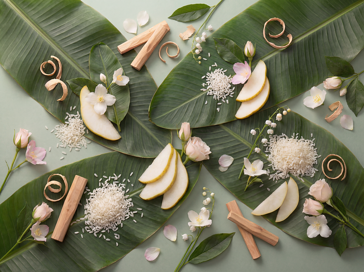 A flat lay arrangement of raw fragrance ingredients for Solaia fine fragrance, featuring fresh pear slices, white rice grains, sandalwood sticks, delicate pink roses, and jasmine flowers over large green tropical leaves.