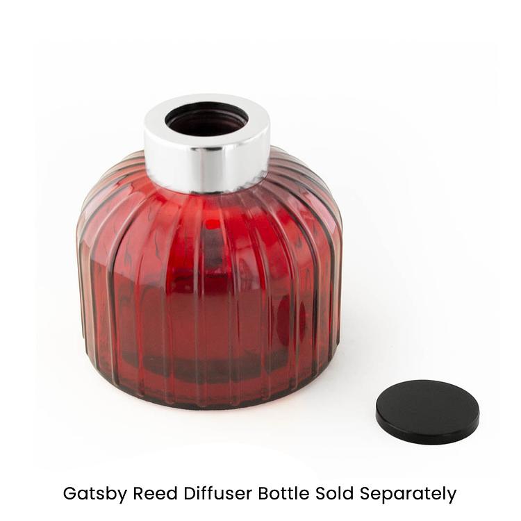Silver Gatsby Reed Diffuser Bottle Collar on a Red Gatsby Reed Diffuser Bottle on a white background