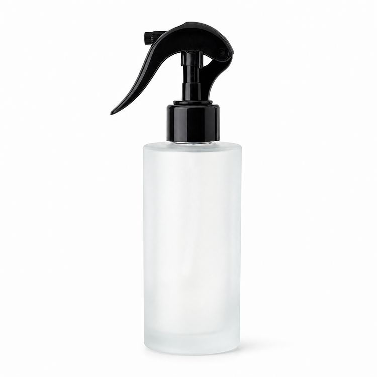 6.5 oz. Frosted Round Glass Bottle with Black Fine Mist Sprayer (28-410)