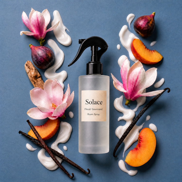 A frosted glass bottle of Solace Room Spray with a black trigger spray top, centered in a flat lay on a blue background and framed by fresh figs, peach slices, pink magnolia blooms, vanilla beans, and decorative swirls of white cream.
